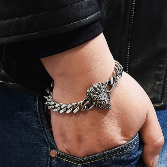 # 27 GulCean Lion Head Bracelet , Men  Steel Cuban Chain Punk Rock Cool Hip Hop - Picture 3 of 7